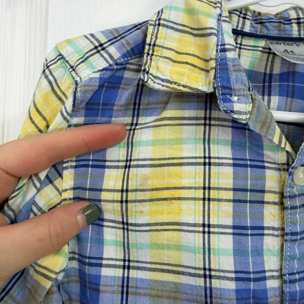 Carter's boy's yellow blue plaid‎ collared button down formal dress shirt cotton